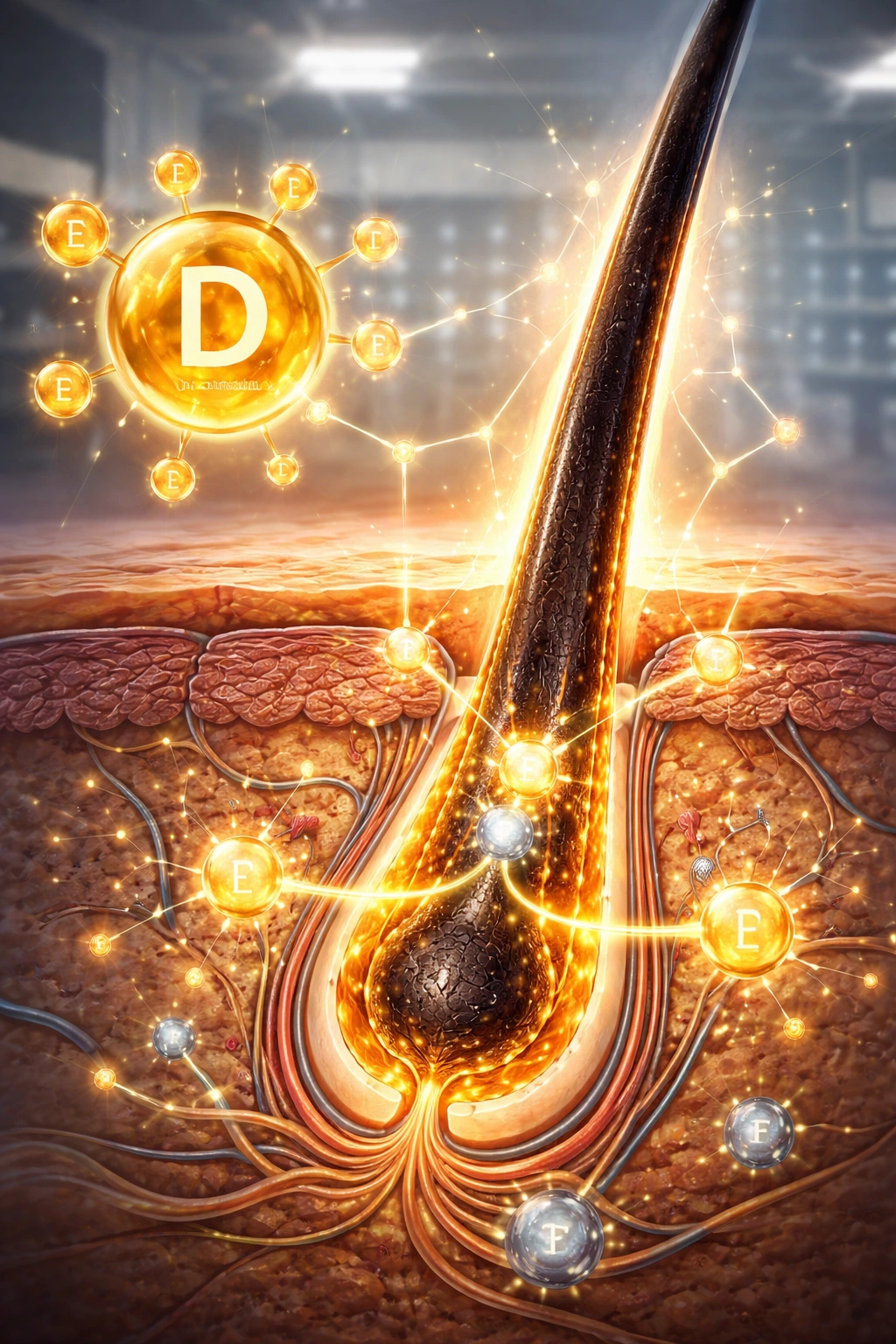 Abstract visualization of vitamin D molecule with hair follicle receptors