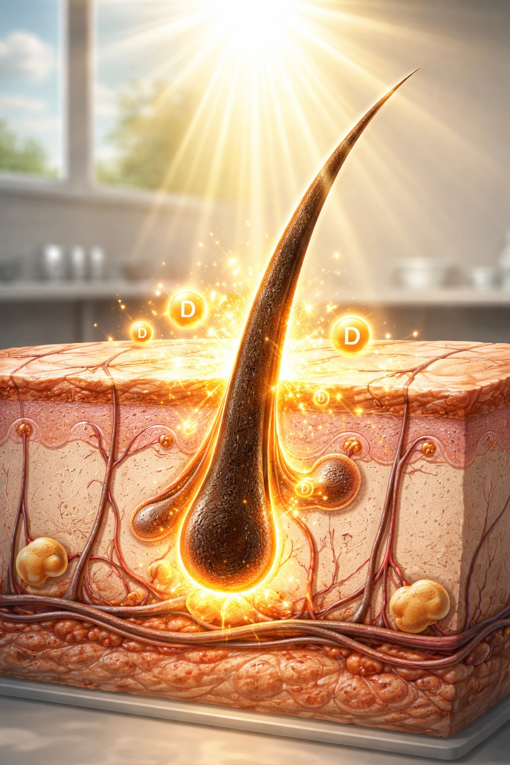 Cross-section of skin showing hair follicle and vitamin D production