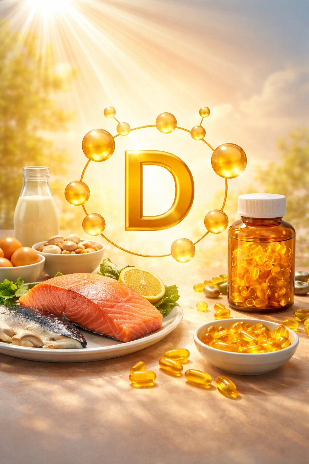 Vitamin D central molecule with sun, fish, and capsule sources
