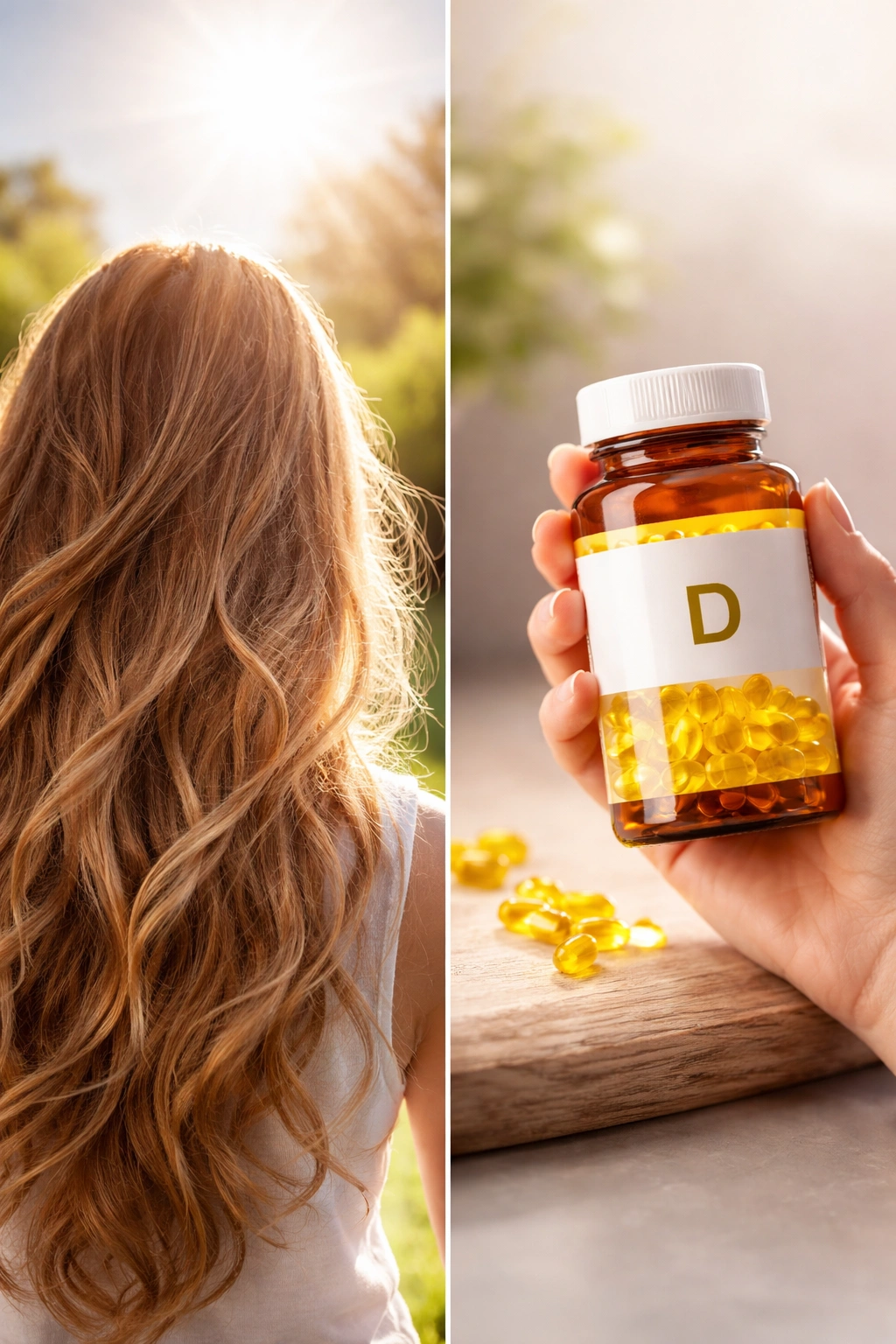 Split-scene showing sun exposure on hair and vitamin D capsules for hair health