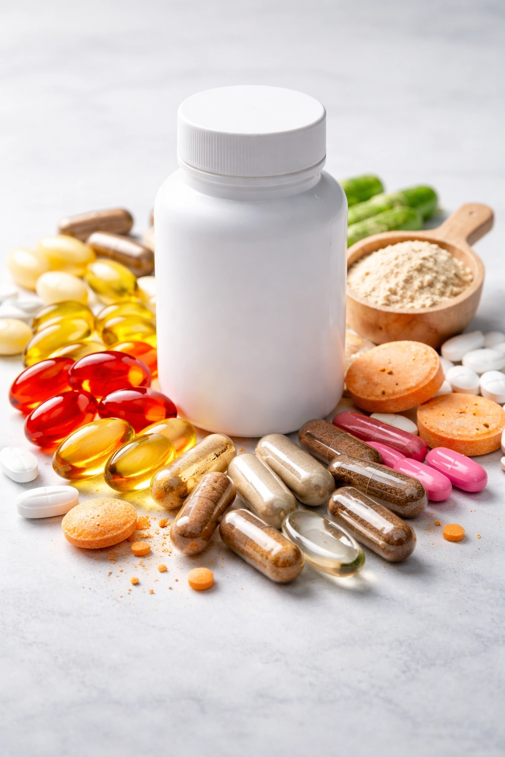 Capsules of various colors surrounding a plain vitamin D bottle to represent supportive nutrients