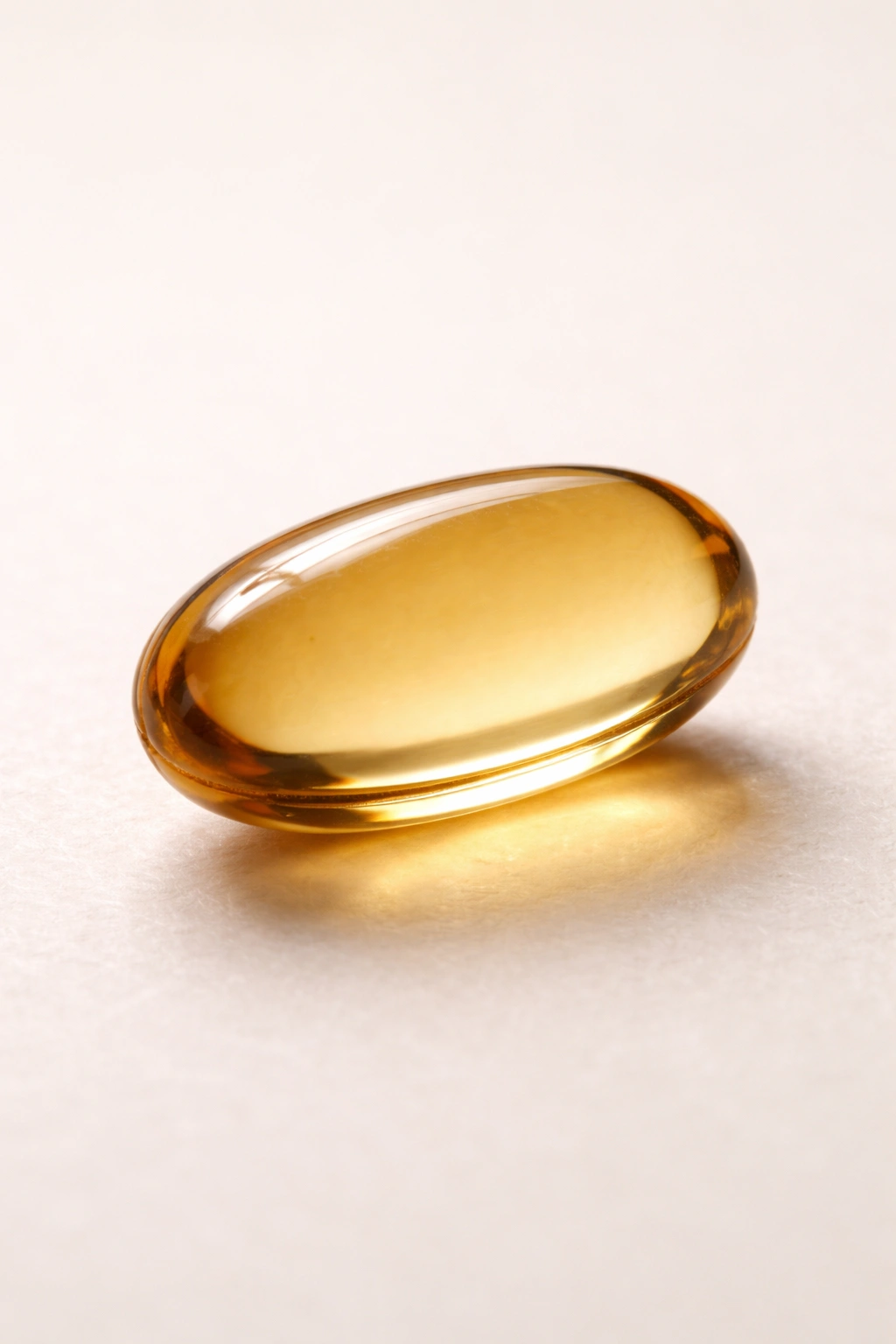 Close-up of an amber vitamin E softgel capsule on a neutral background