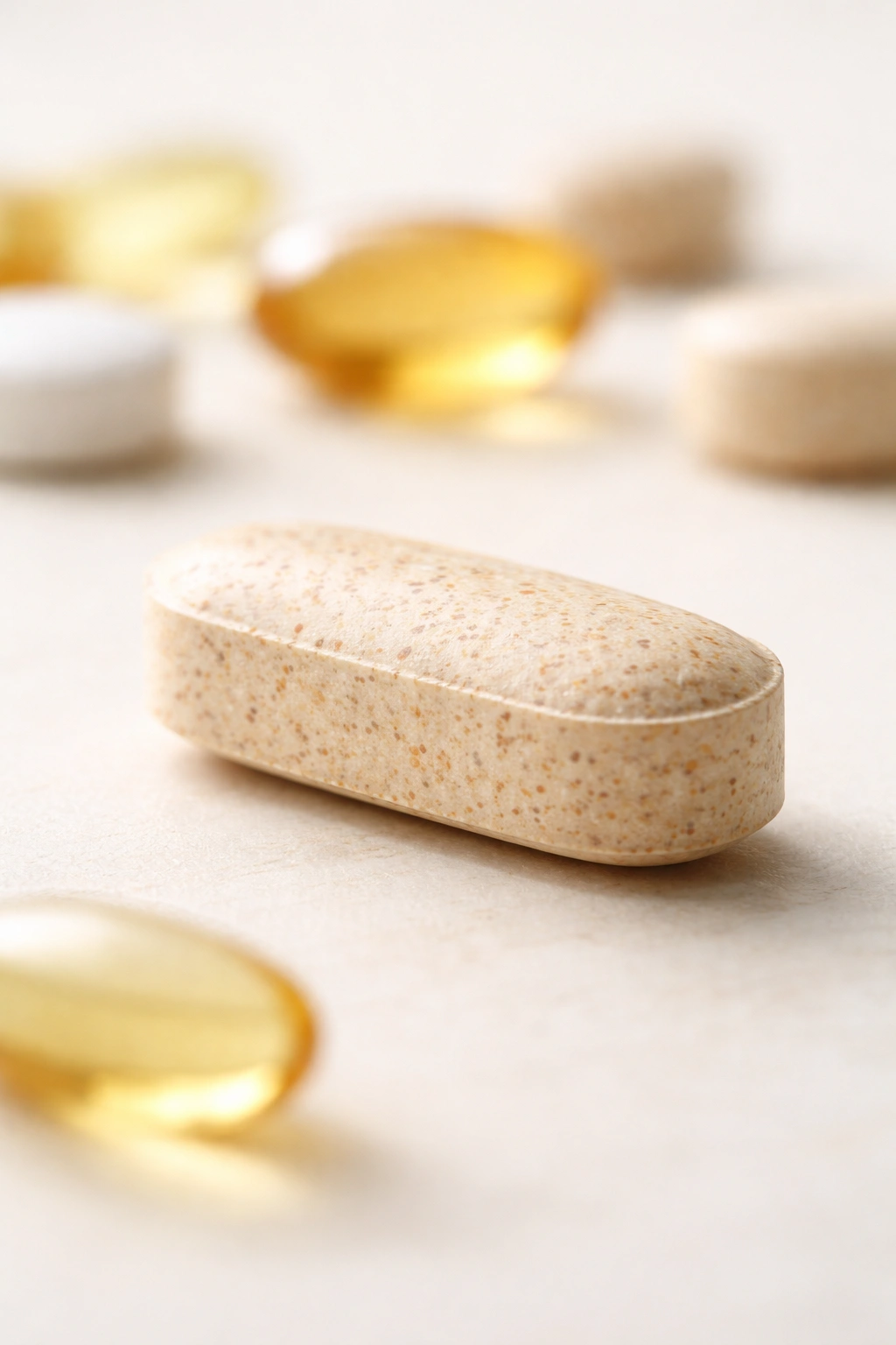 Close-up of a vitamin tablet on a plain background