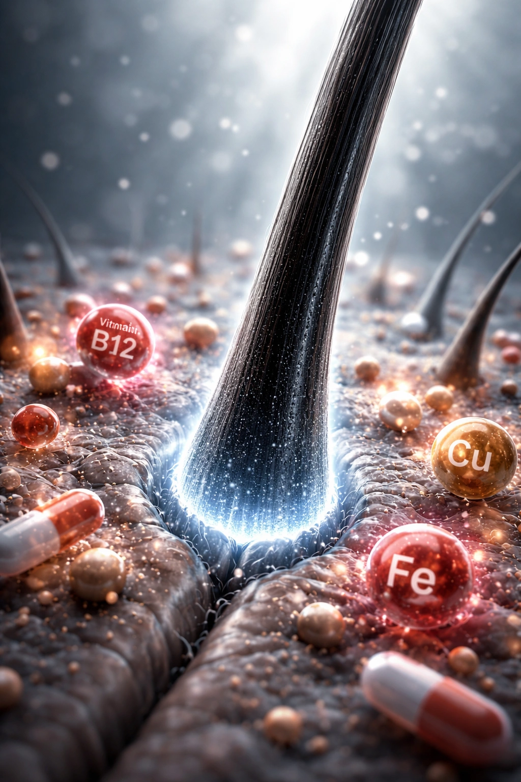 Hair follicle with mineral particles illustrating nutrition's impact on pigment