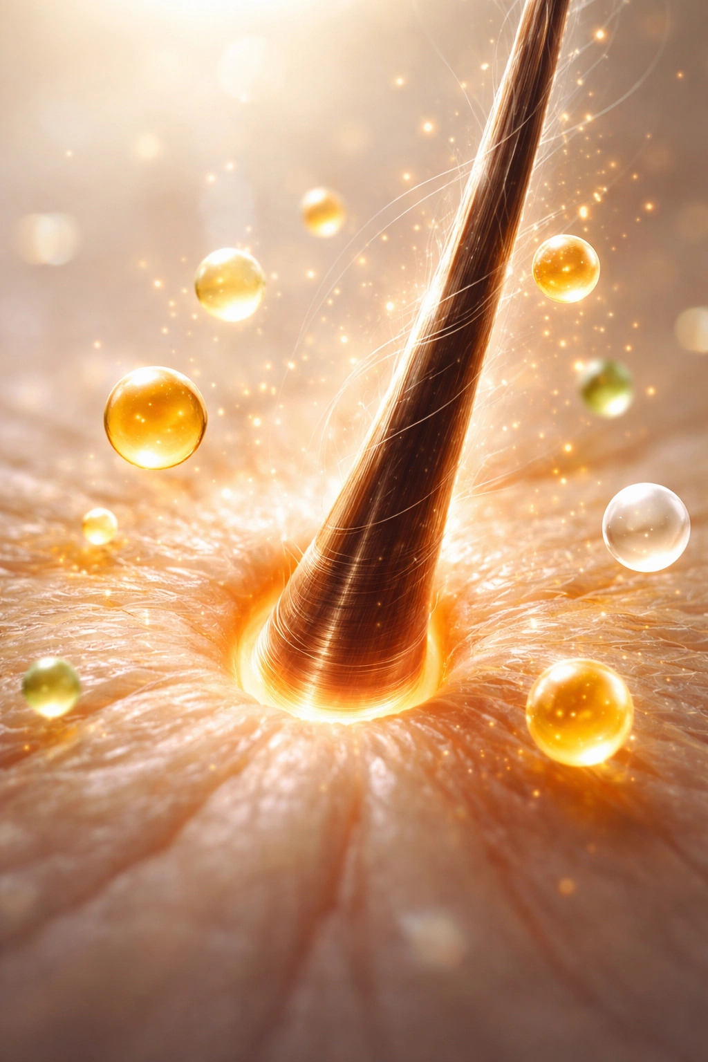 Close-up of a single hair strand with abstract nutrient particles around it.