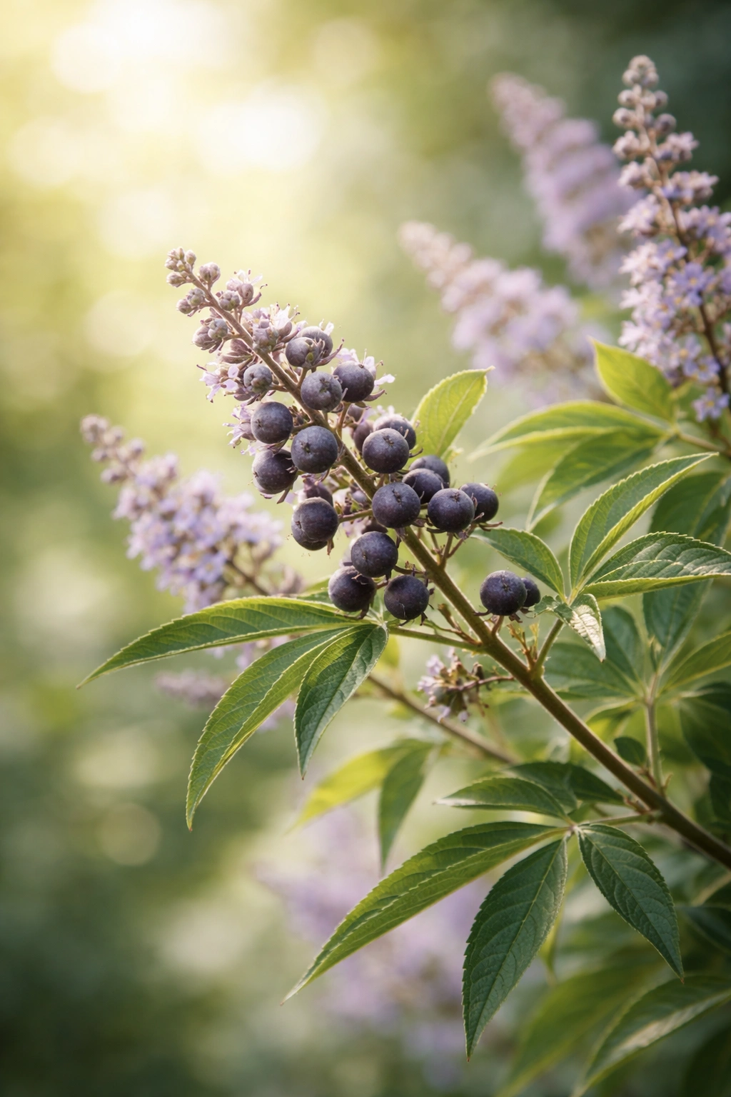 Close-up Vitex plant branch with berries representing natural progesterone support.
