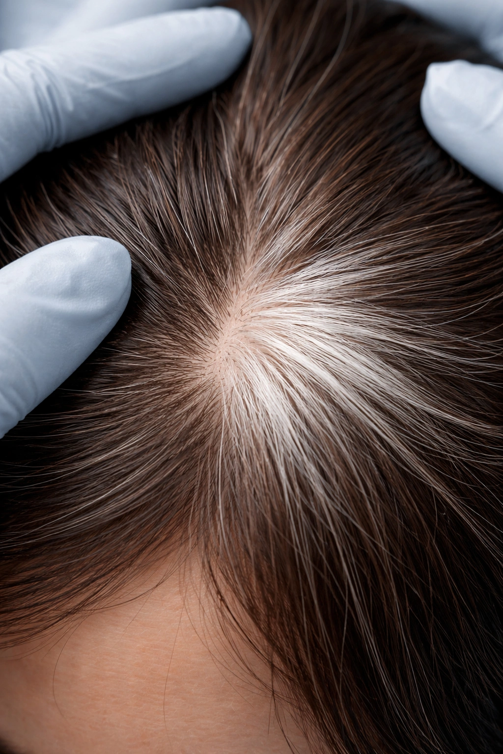 Scalp with a patch of white hair among pigmented hair