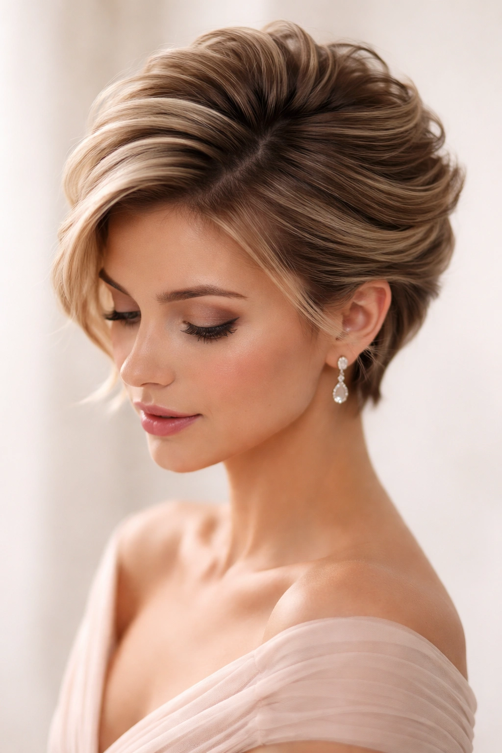 Close-up of short hair with crown volume and swept-back sides in studio lighting.