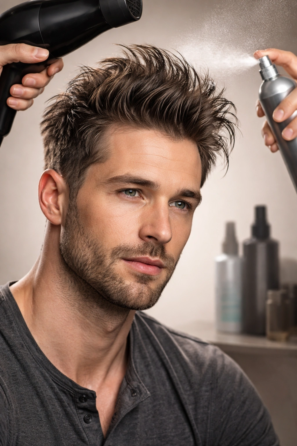 Man with voluminous hair on top showing density and texture.