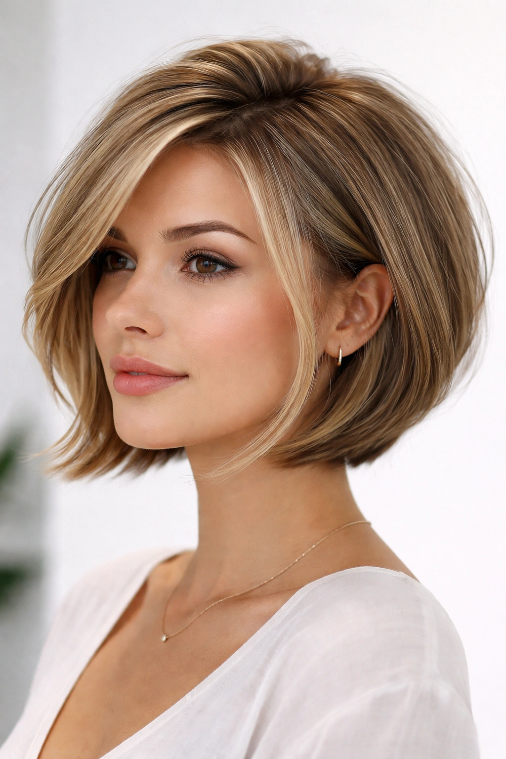 Three-quarter view of a volume-enhancing chin bob with crown lift and face framing pieces