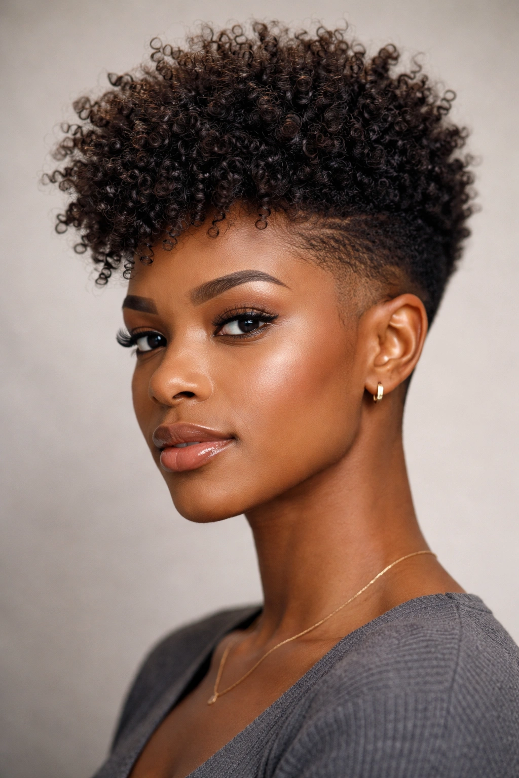 20 Short Natural Hairstyles You Ll Want To Try 19 Close-up of a person with a voluminous crown and clean fade on the sides highlighting natural curl texture