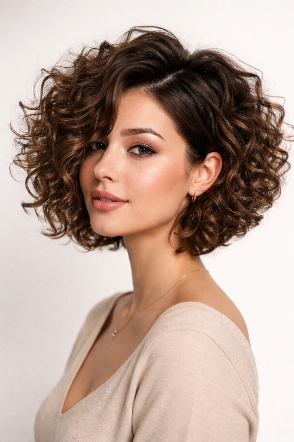 Voluminous curly bob with upward directed curls and angled front pieces