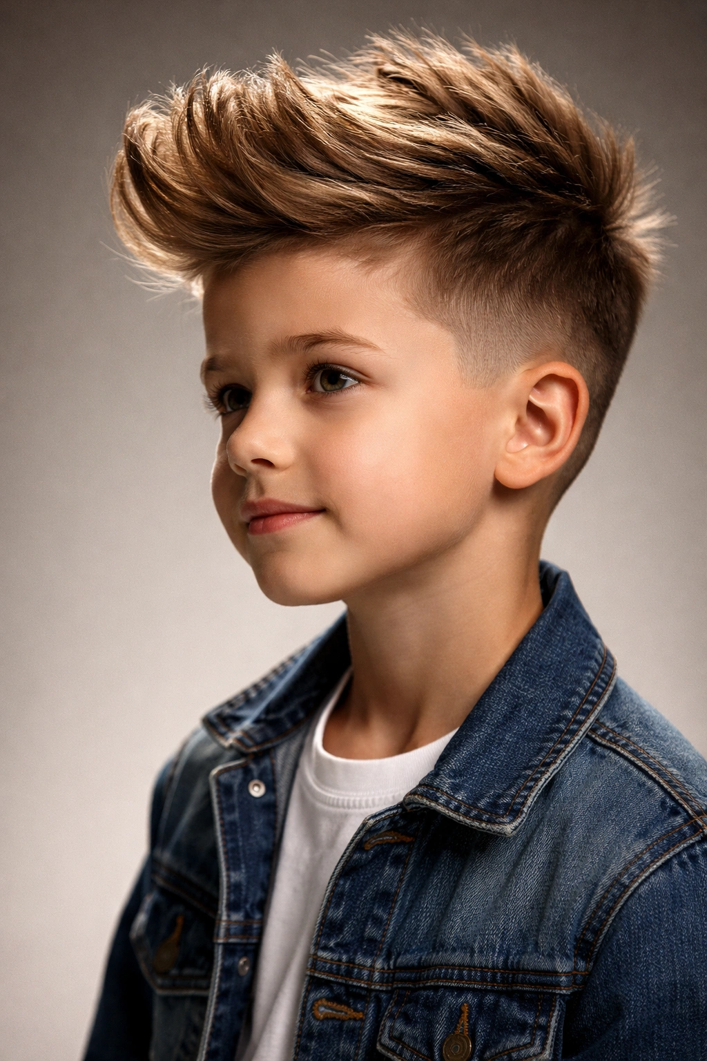 Boy with voluminous textured quiff and short faded sides.