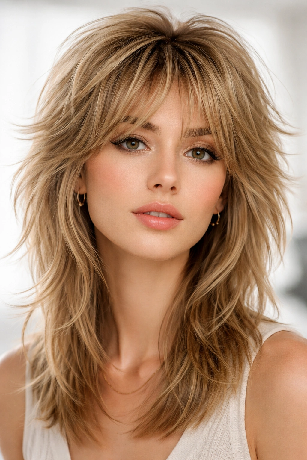 Oblong-faced model with volume shag showing lift on top and width at cheeks