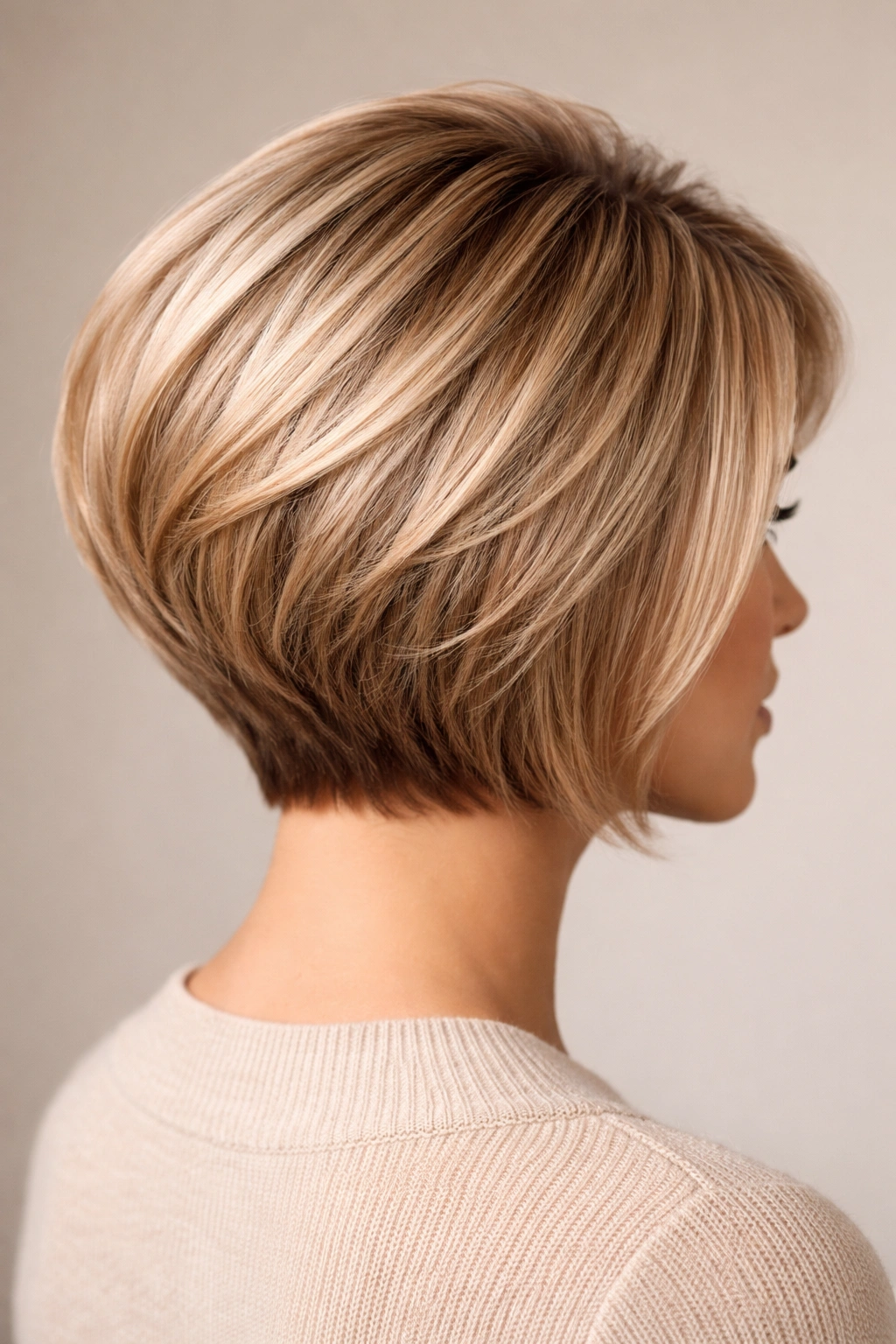 Volume-stacked crown bob with lifted crown.