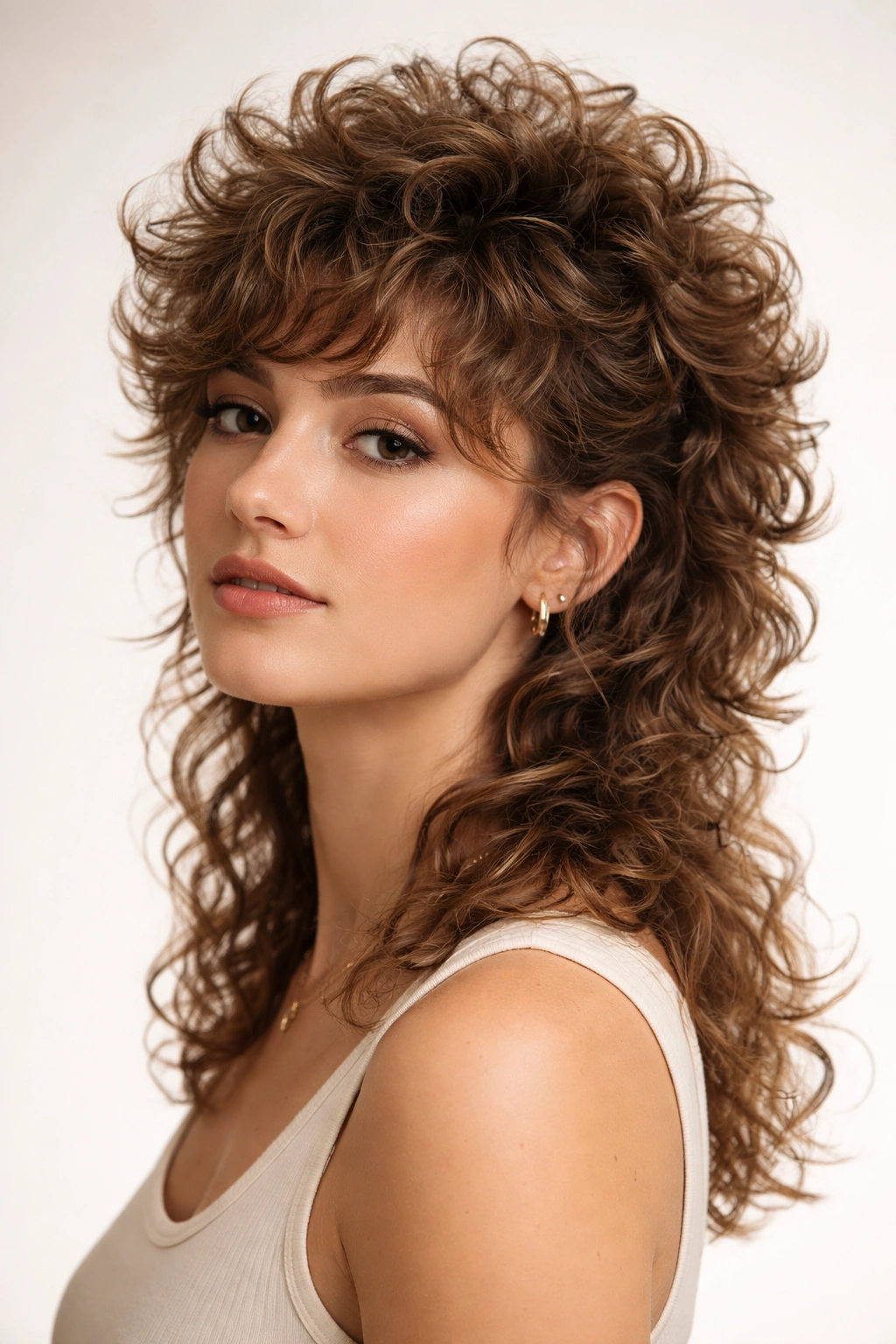 Volume-stacked curly mullet with prominent crown lift