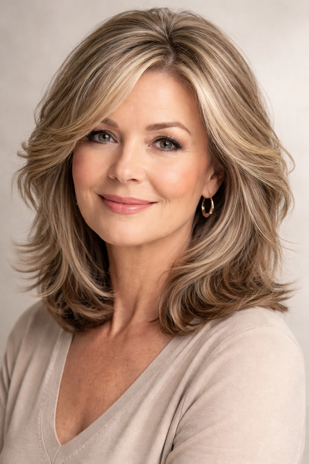 Mature woman with voluminous layered hair showcasing texture and movement.
