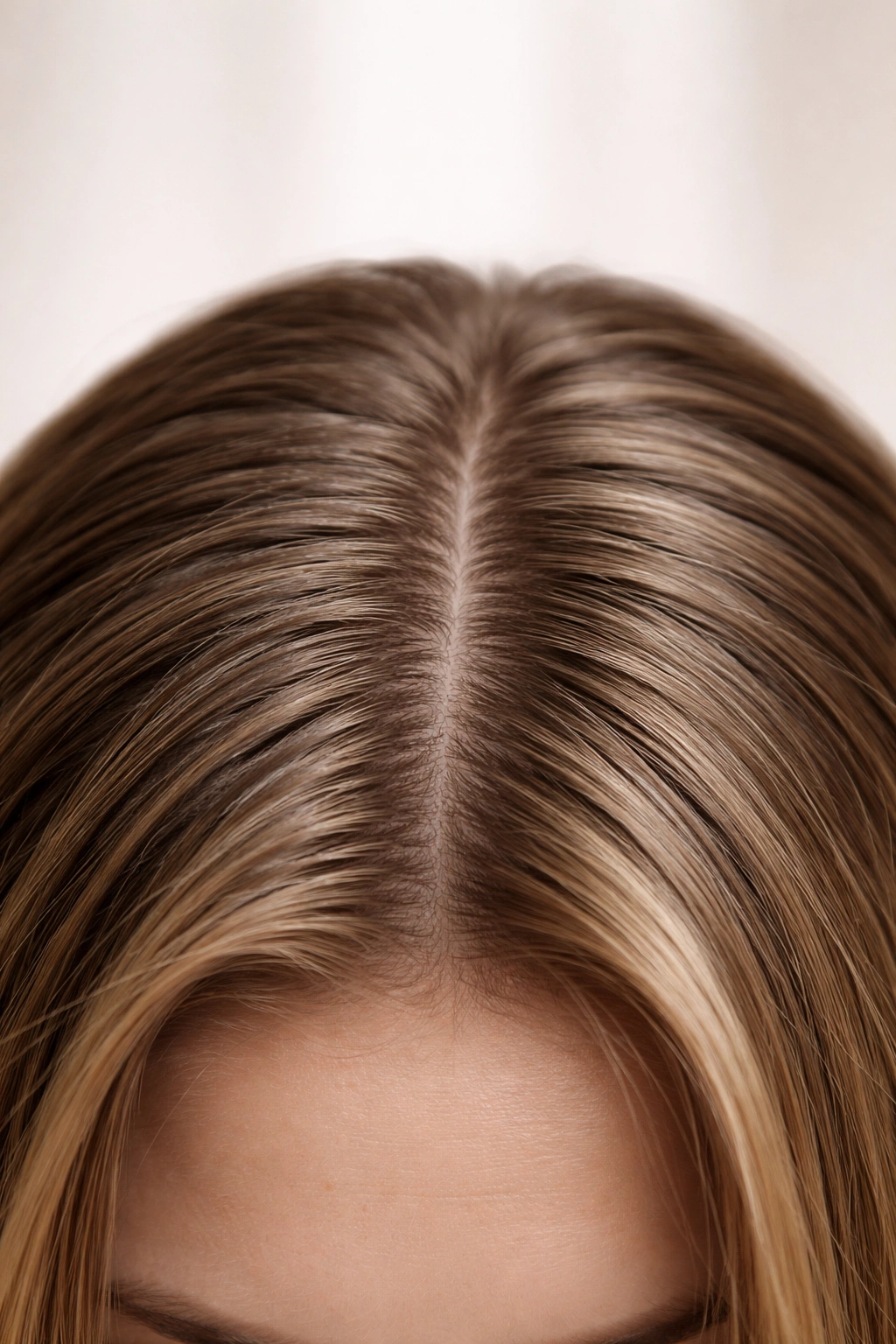 Volumeless hair at the crown with weighty roots and dull shine
