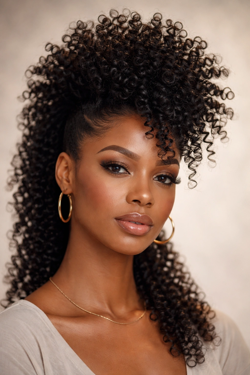 Head-on portrait showing a voluminous crown mohawk with long coils and short sides.