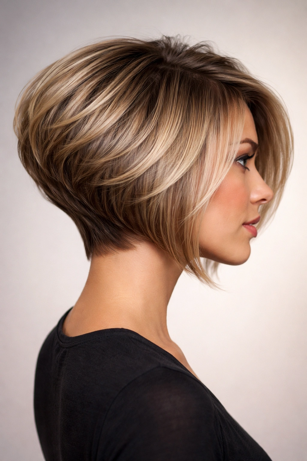 Back-heavy stacked bob with visible volume and layers, head-and-shoulders portrait