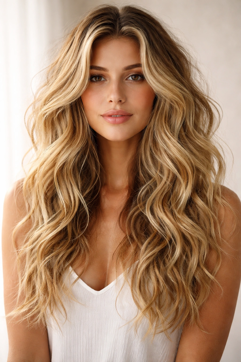 Voluminous beach waves created by layered mousse, sea salt spray, and gel