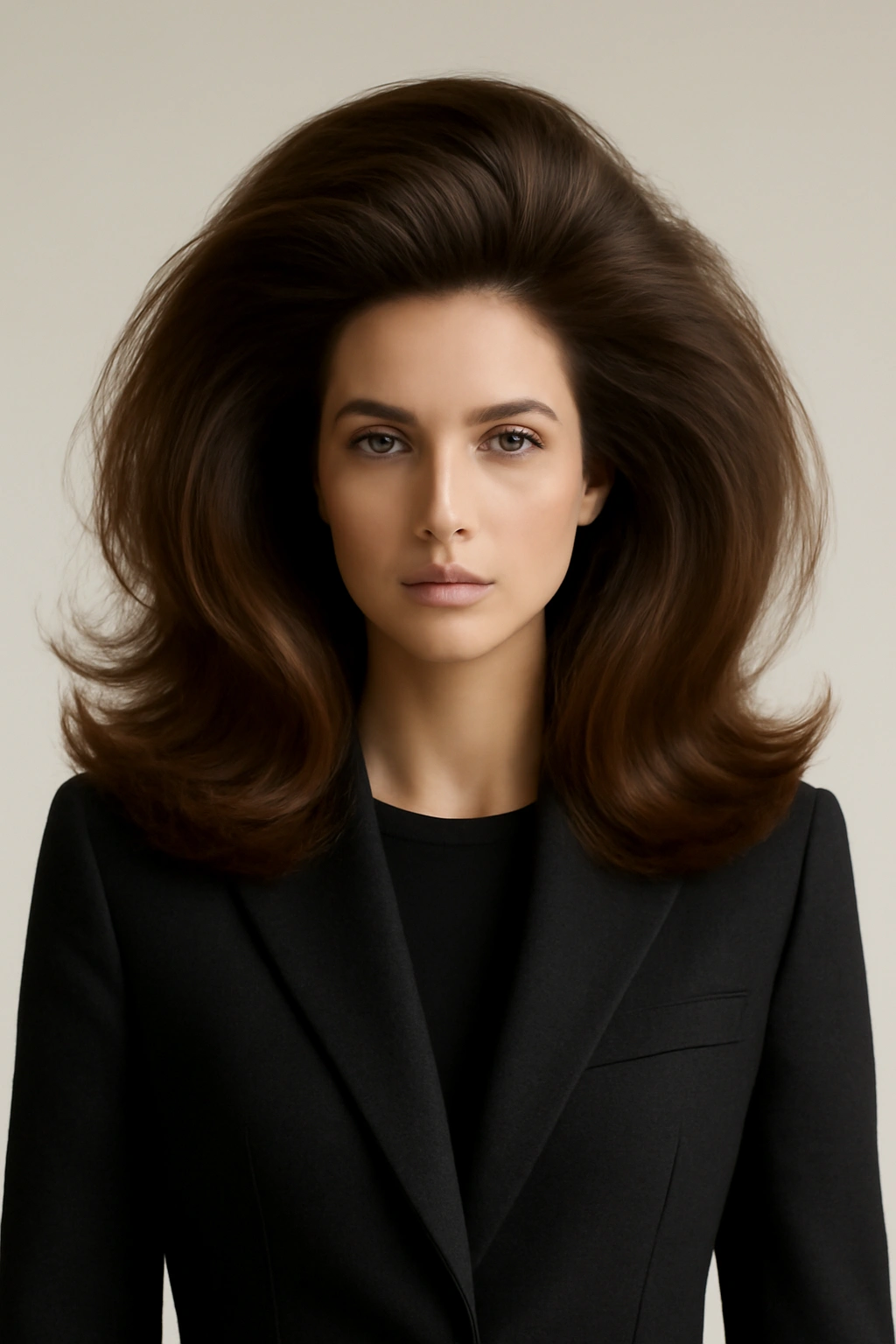 10 Hairstyles That Instantly Elevate Any Blazer Outfit 8 Full voluminous blow-out hairstyle with lifted crown against a neutral studio background
