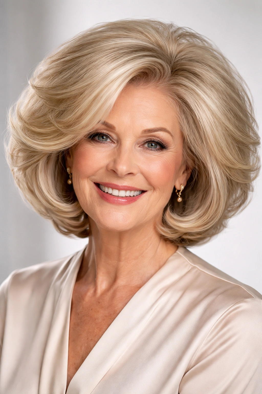Voluminous blown-out bob with high lift and curved ends