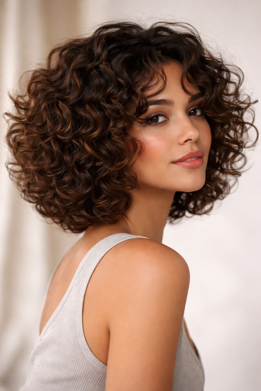 20 Curly Bob Styles For Natural And Permed Curls 8 Portrait of Voluminous Bouncy Bob with lifted crown and defined curls