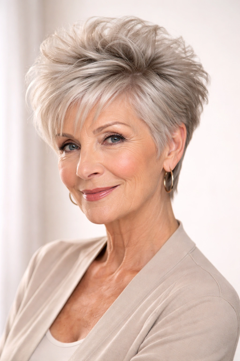 Voluminous crop hairstyle showing crown lift and textured top on a portrait