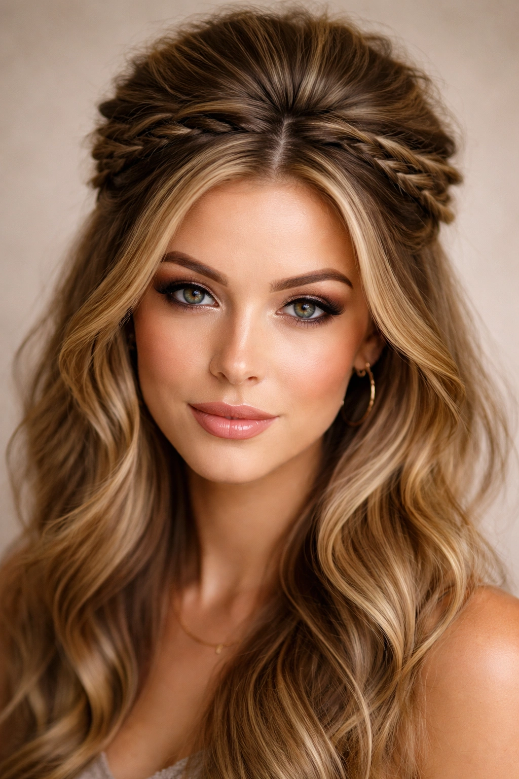 Head with a large crown of volume and braided detail in hair