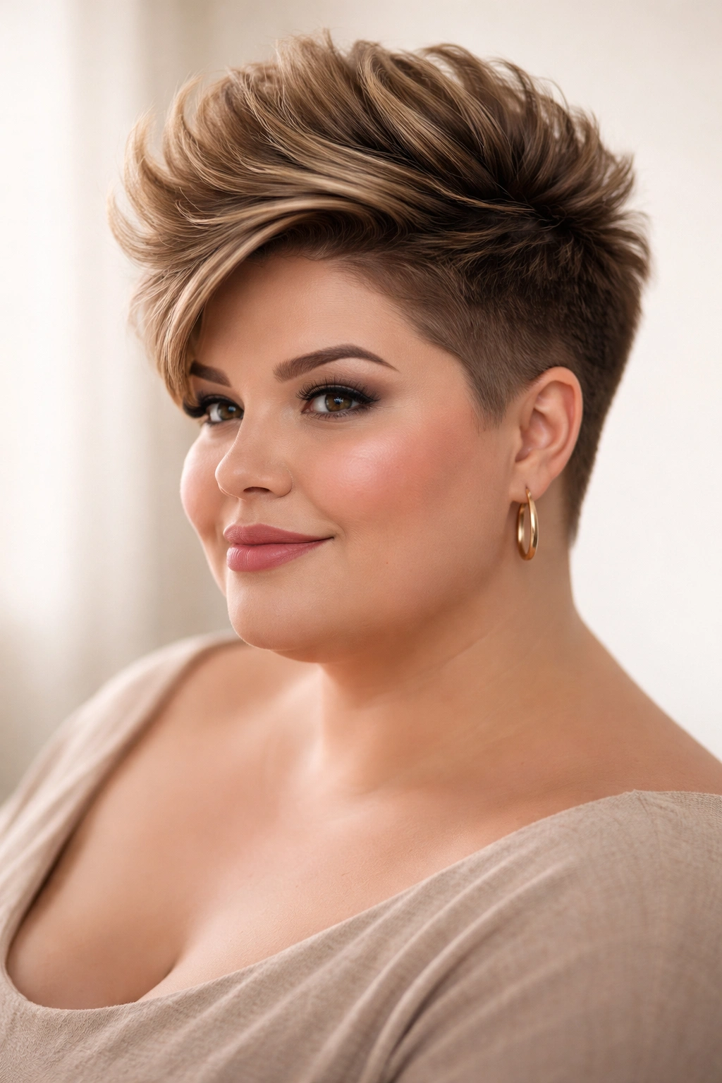 12 Short Haircuts For Plus Size Women With Round Faces 12 Voluminous crown cut with tall crown height and faded sides in a studio portrait
