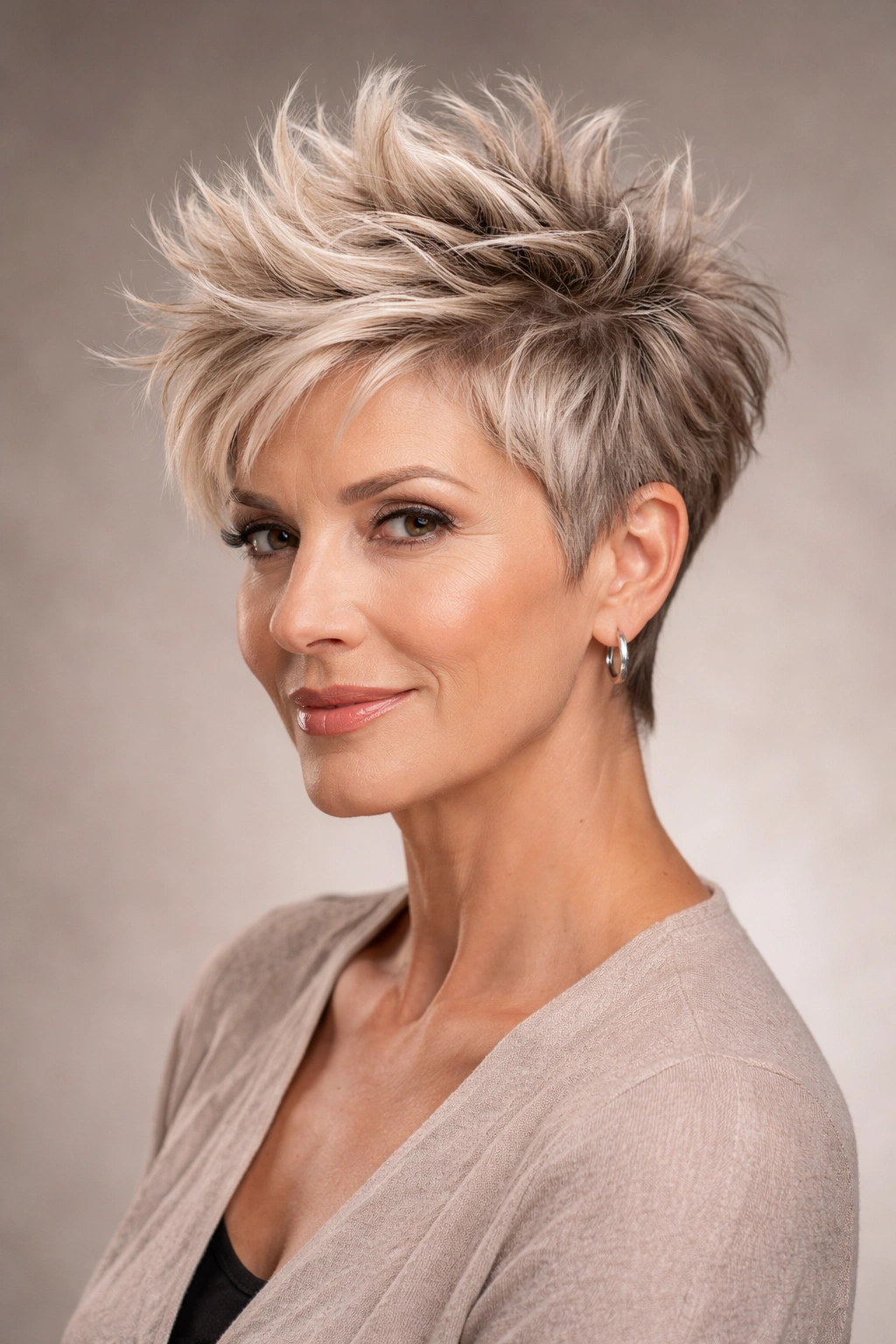 Close-up of a woman over 50 with a voluminous textured crown hairstyle