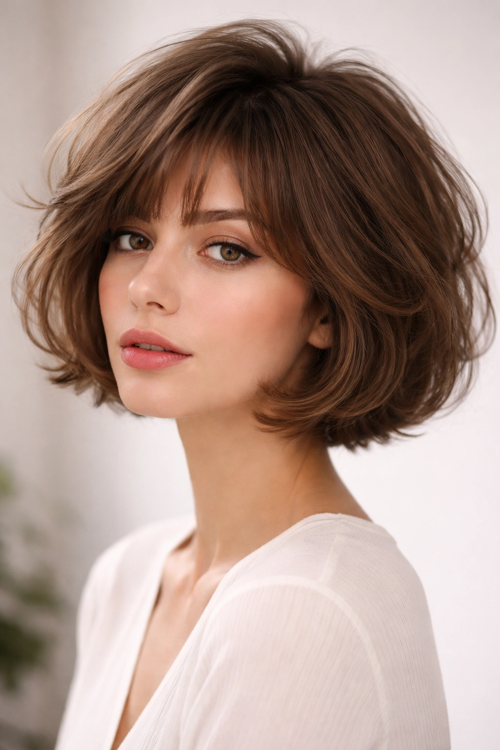 Close-up of voluminous French bob with crown layers showing lift and texture in studio lighting