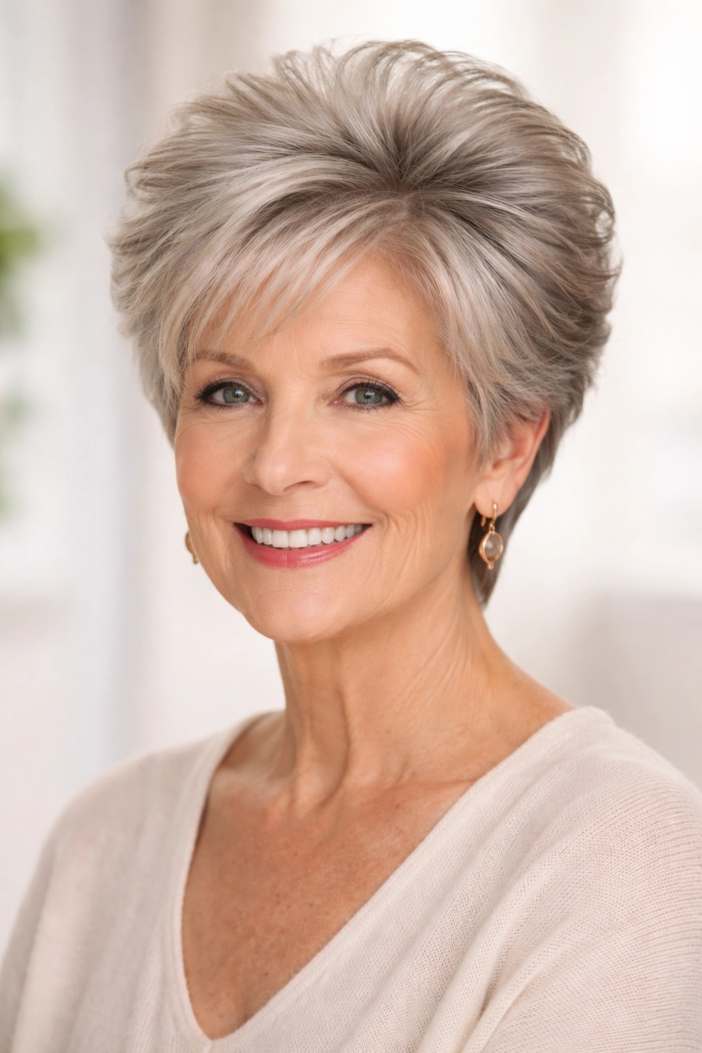 Elderly woman with voluminous crown hairstyle and shorter sides.