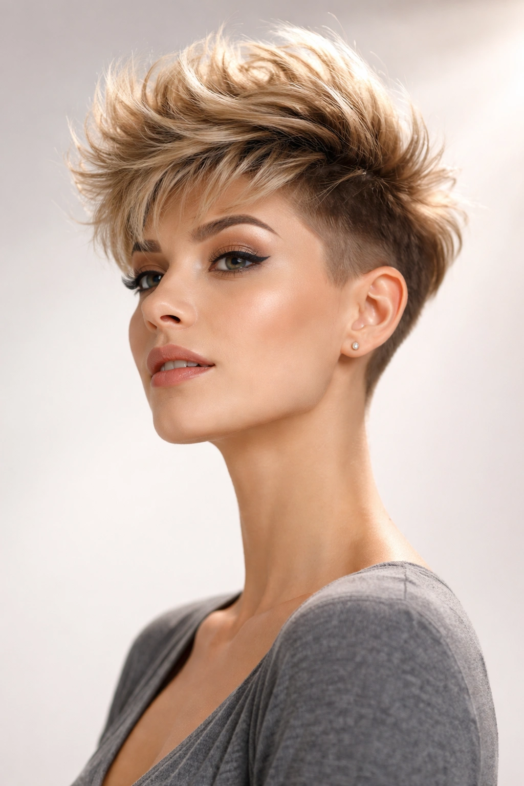 Voluminous crown pixie with tapered sides and dramatic height