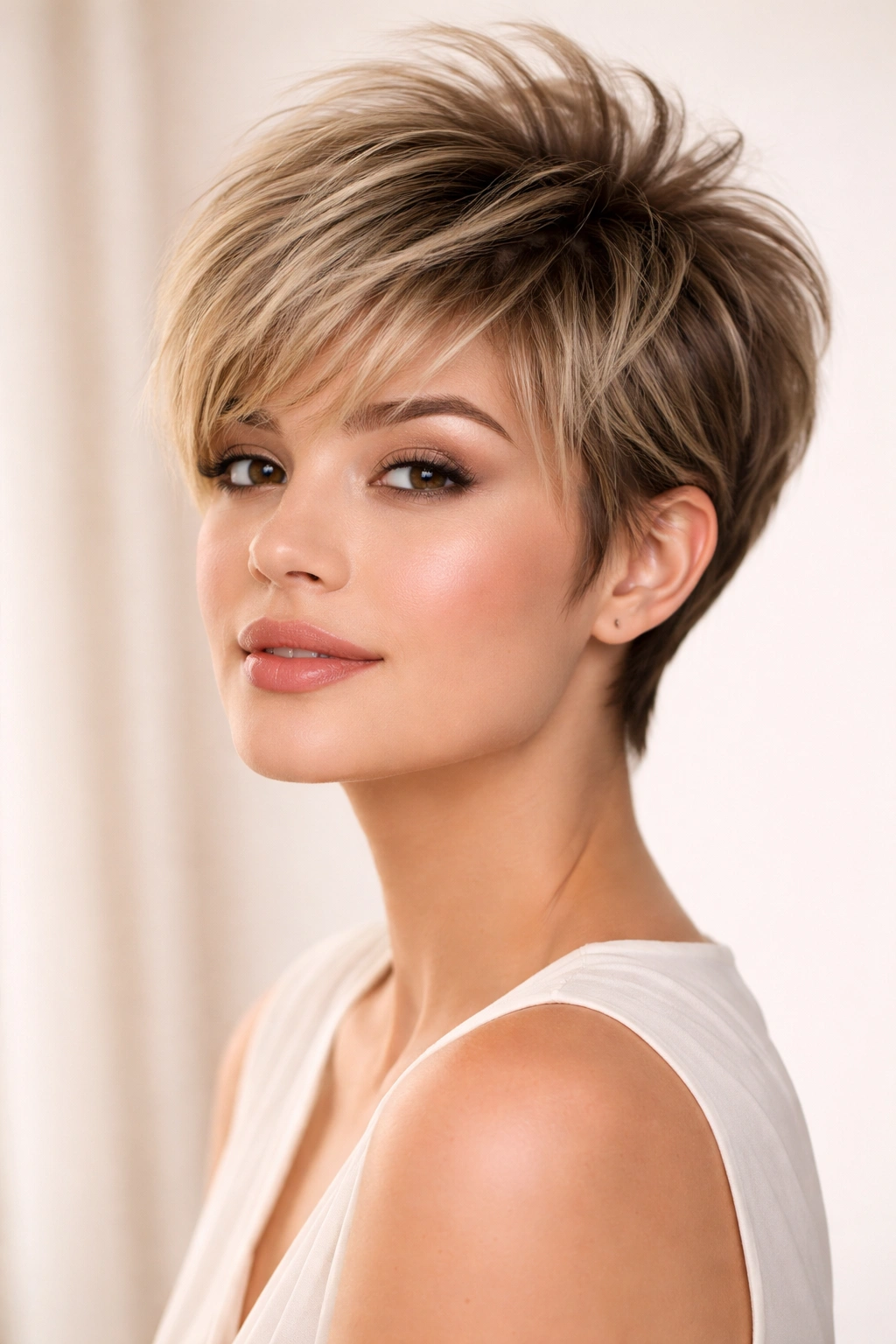 Portrait of a person with a voluminous crown pixie and wispy upward bangs.