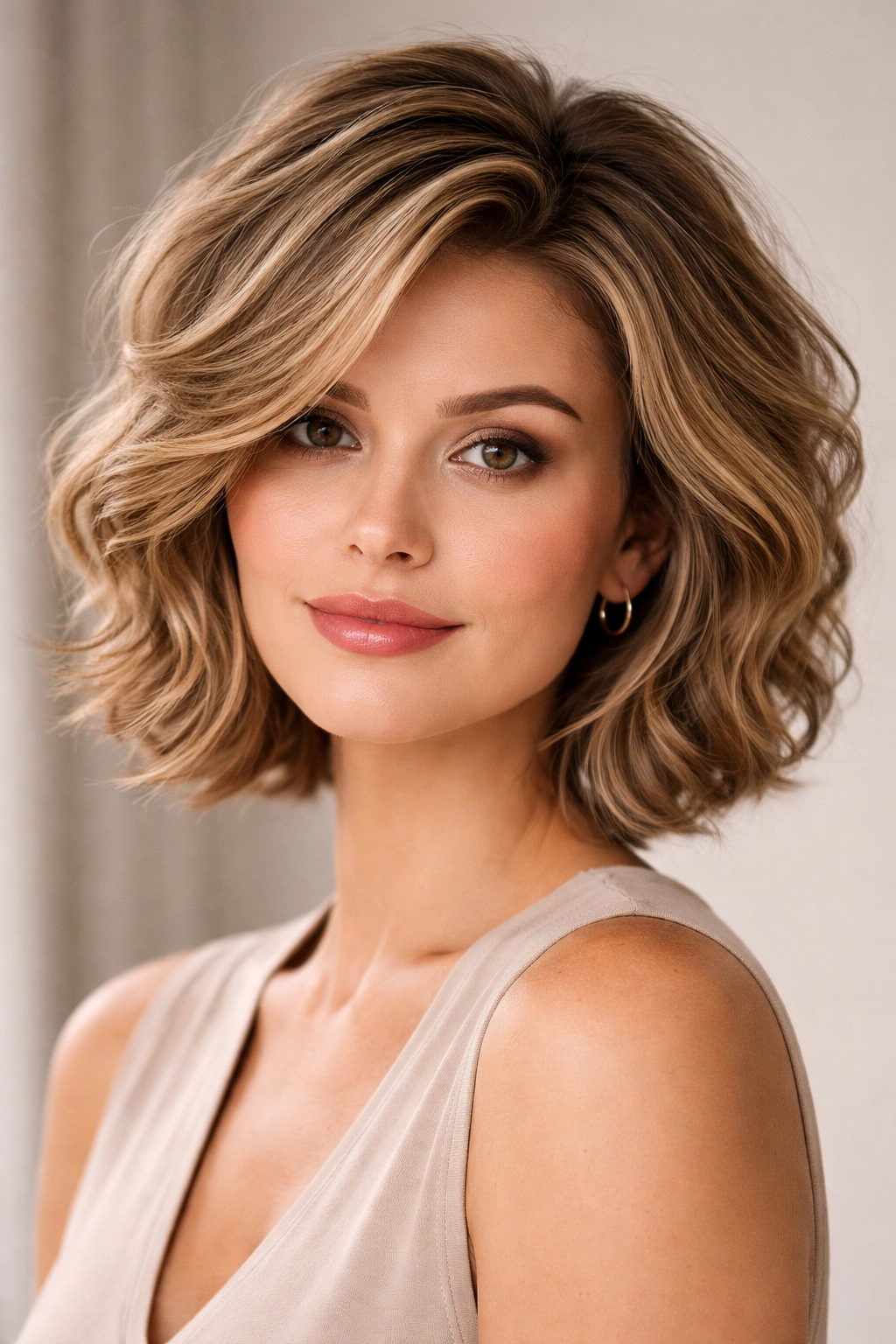 Wavy bob with voluminous crown elongating the face.