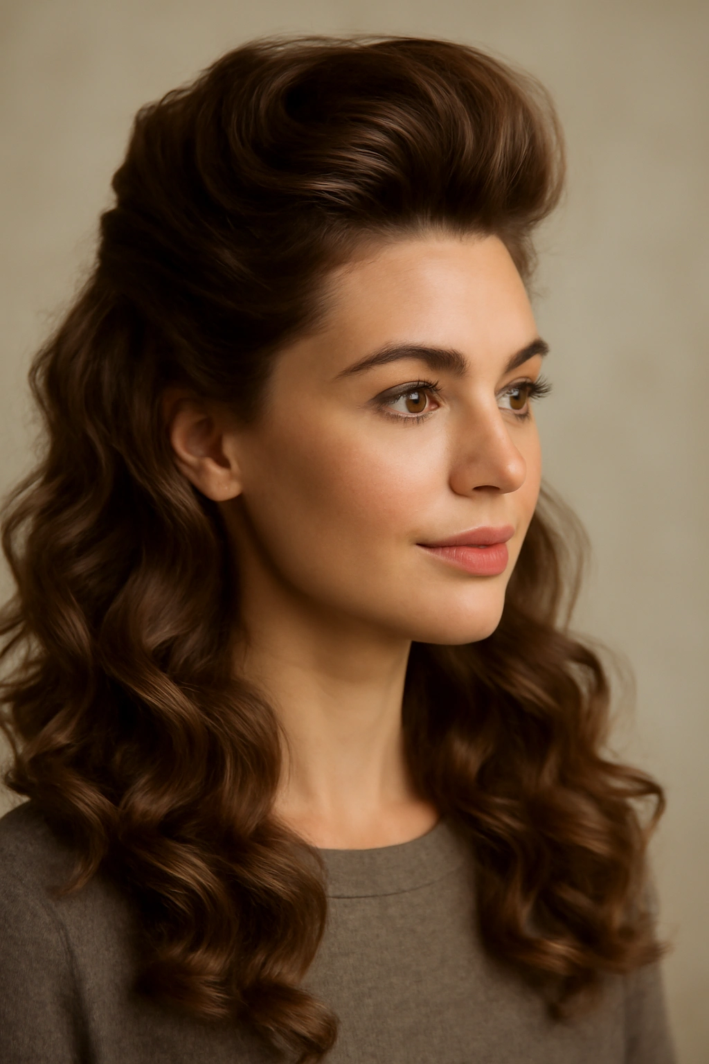 10 Pompadour Hairstyles for Women With Longer Hair 5 Portrait of a voluminous curled pompadour with waves and body.