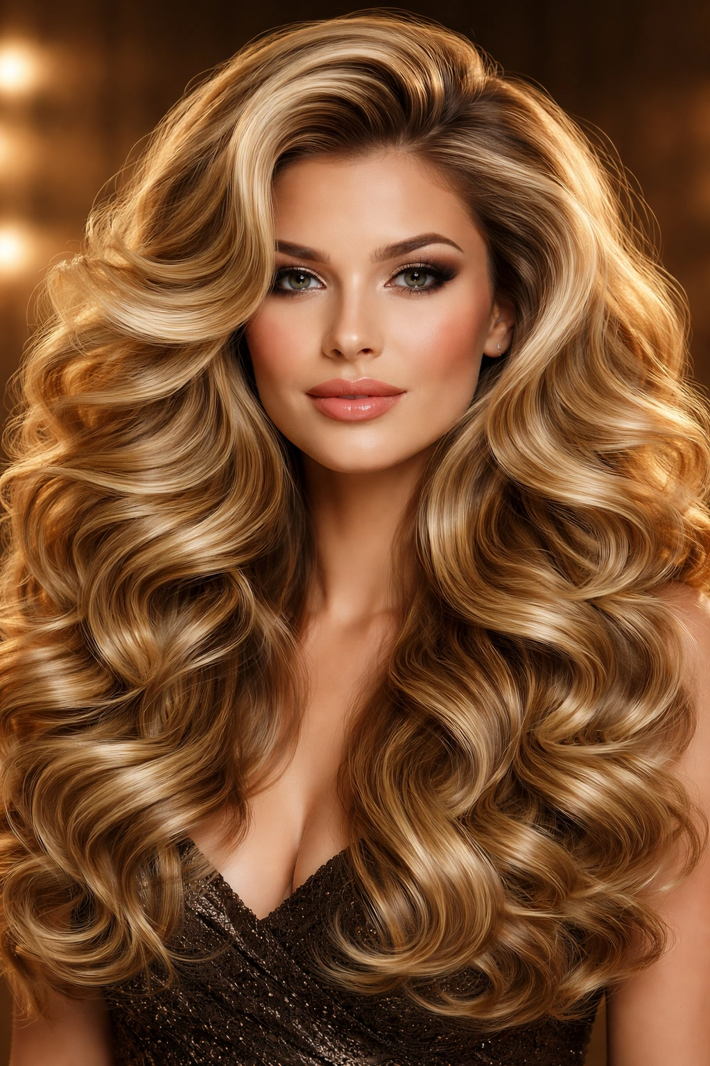 Front view of large voluminous curls with soft barrel waves