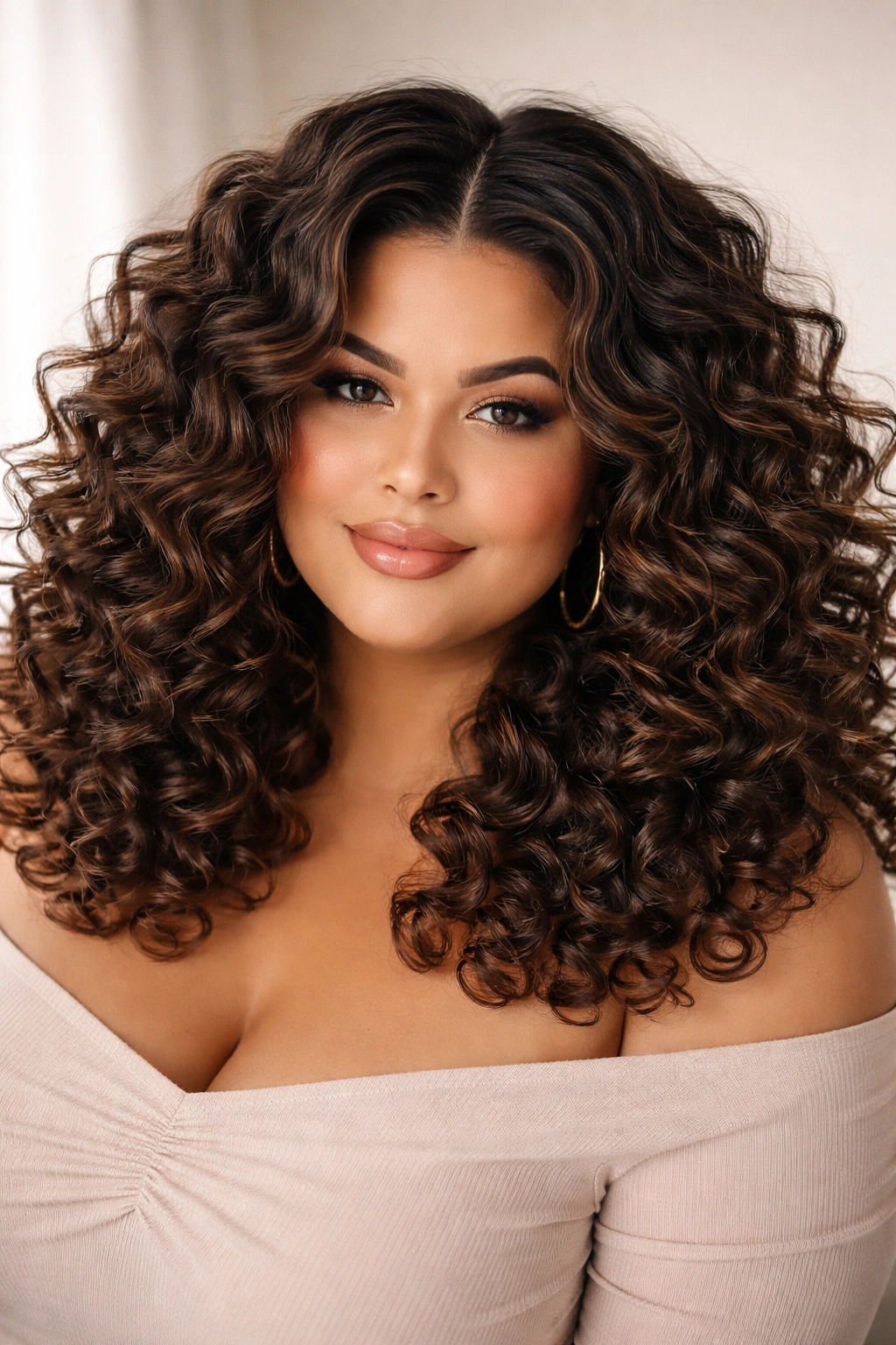 Voluminous curls with a defined part on a plus-size model