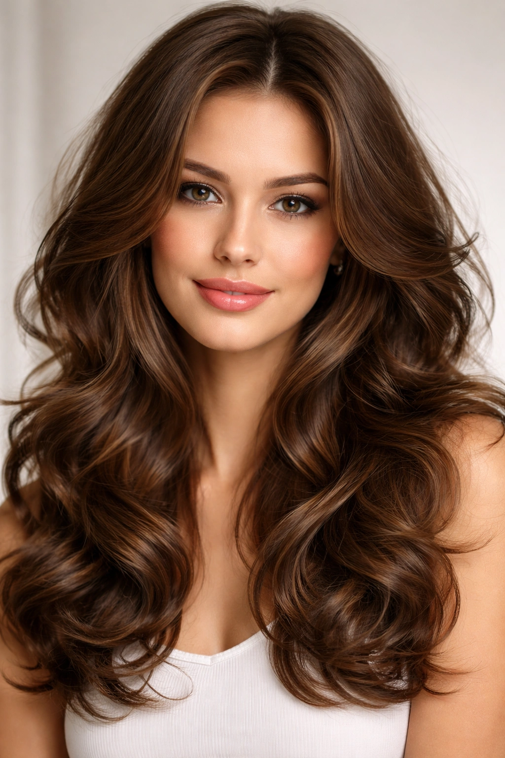 Full head of voluminous curls with face-framing layers in a studio