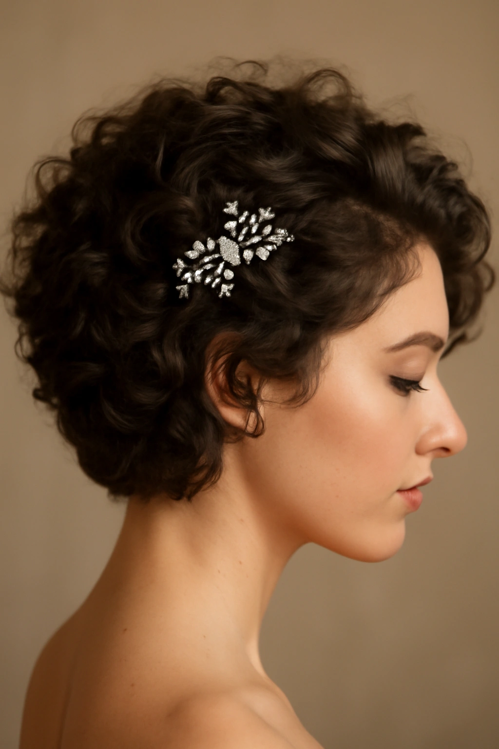 15 Wedding Hairstyles That Look Great on Short Hair 14 Short hair with voluminous curls and a jeweled comb at the crown