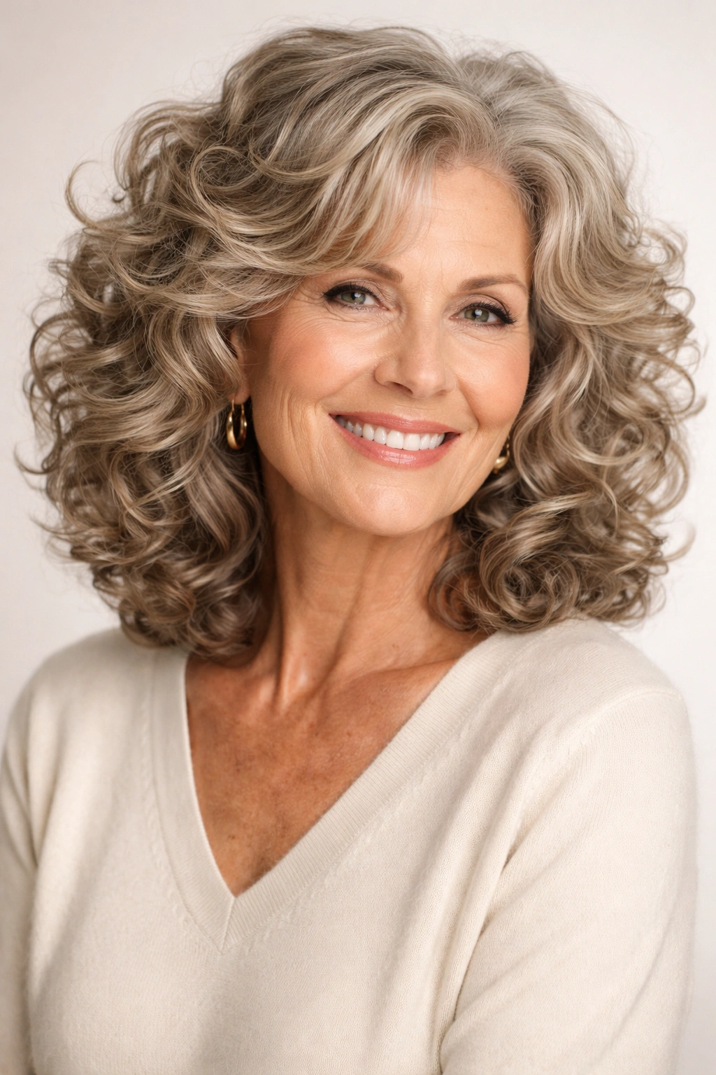 Voluminous curly medium-length hair with defined curls and bounce.