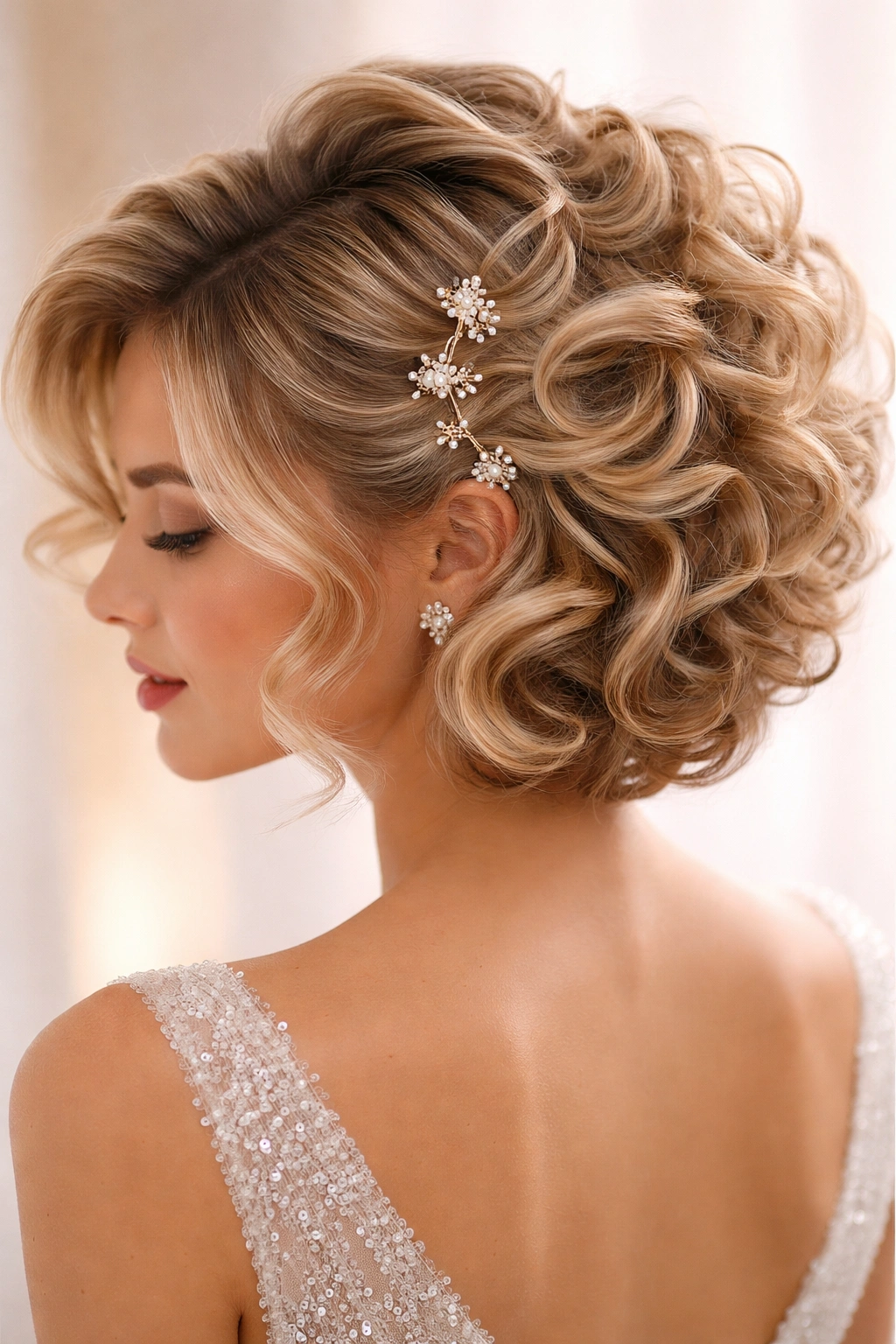 Head full of voluminous curls with decorative pins