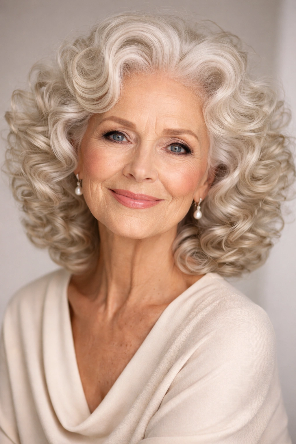 Older woman with voluminous curls framing the face
