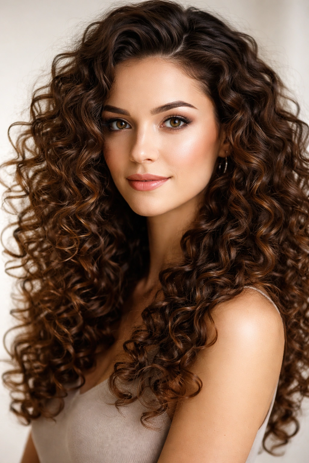 Portrait of voluminous curls and ringlets around an oval face