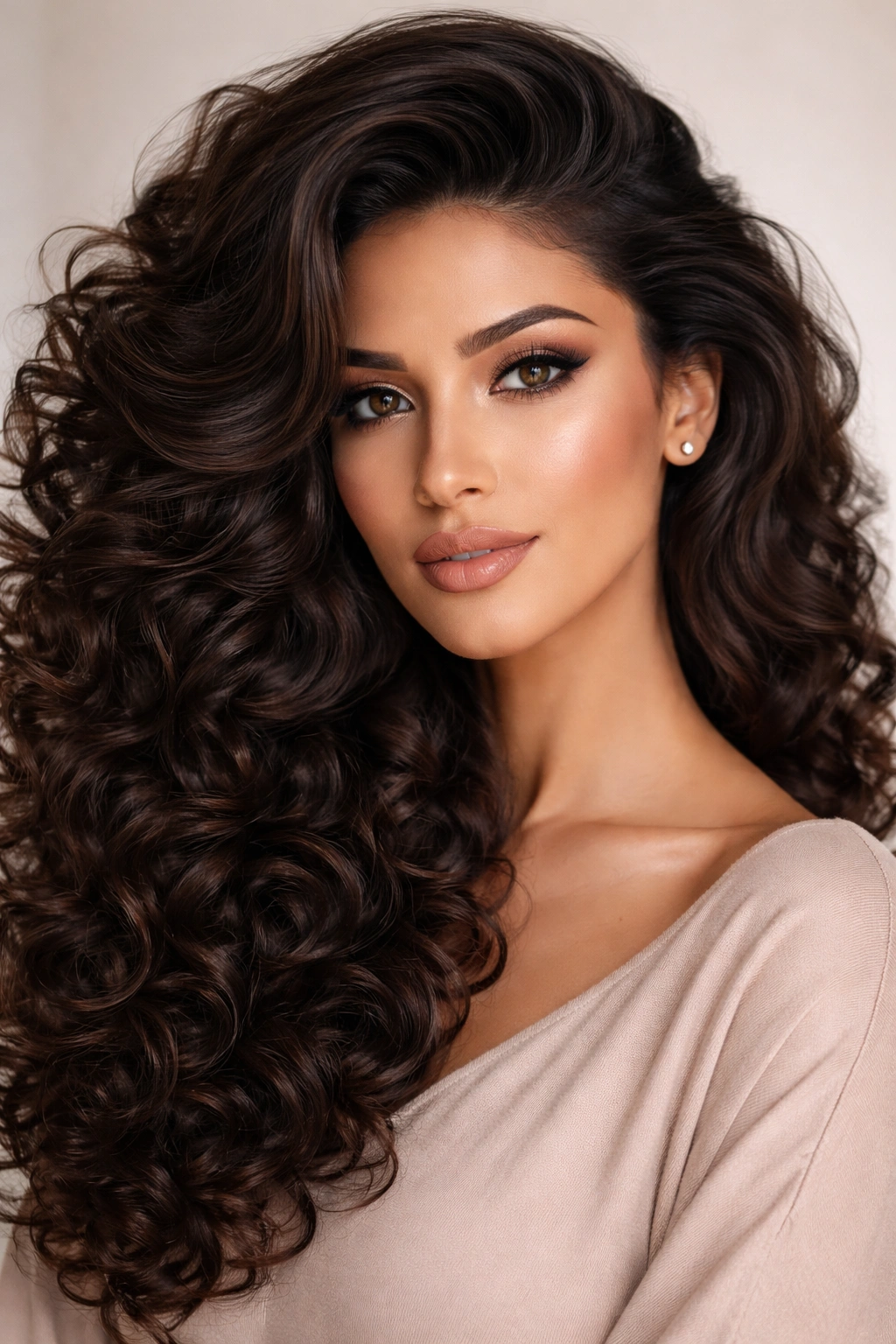 Voluminous curls with a side sweep for a bold silhouette.