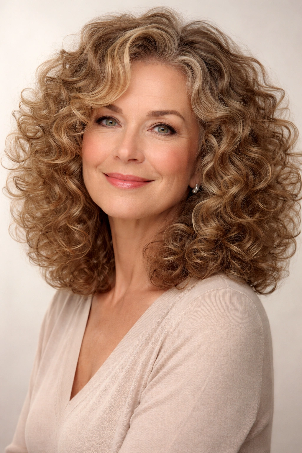 Close-up of a woman with voluminous shoulder-length curly hair