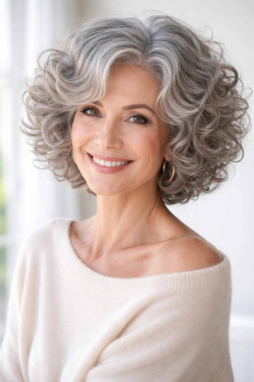 Portrait of a woman with voluminous gray curly bob and defined curls