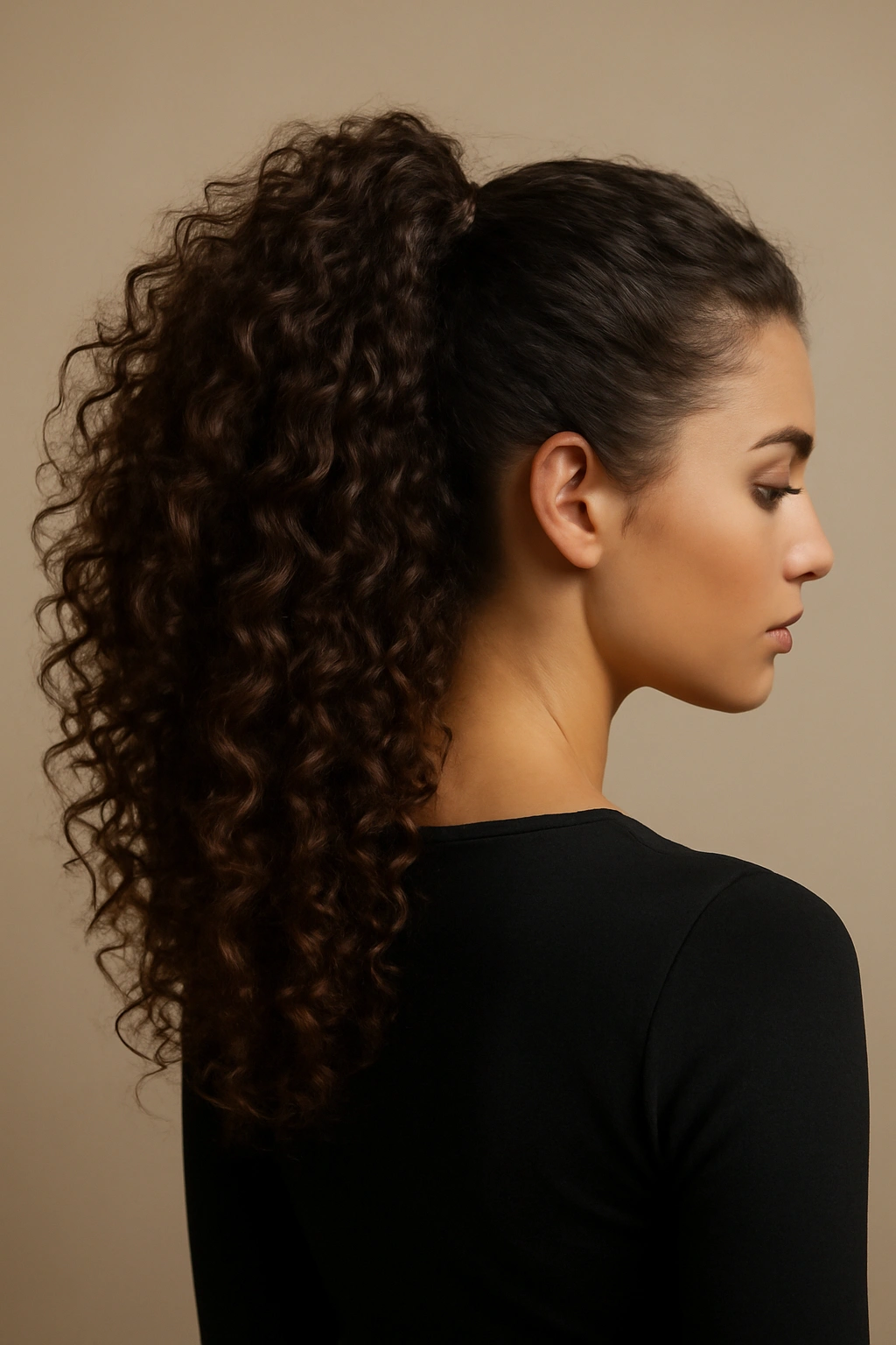 Three-quarter view of voluminous curly ponytail with defined curls